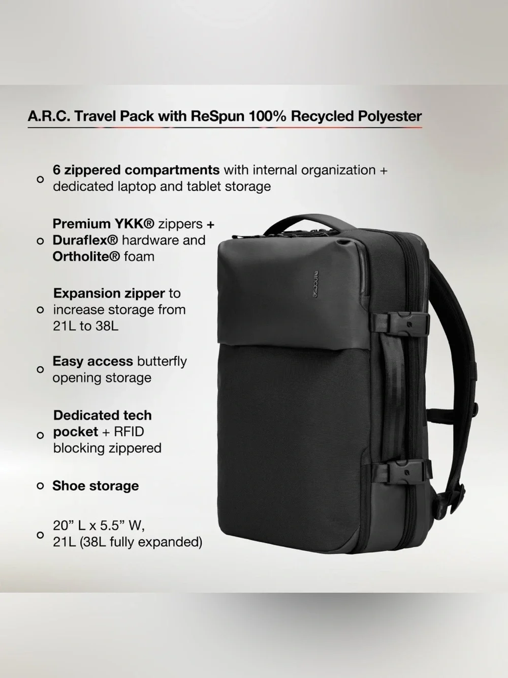 Incase A.R.C. Travel Pack - 21 to 38L Black NWT $249